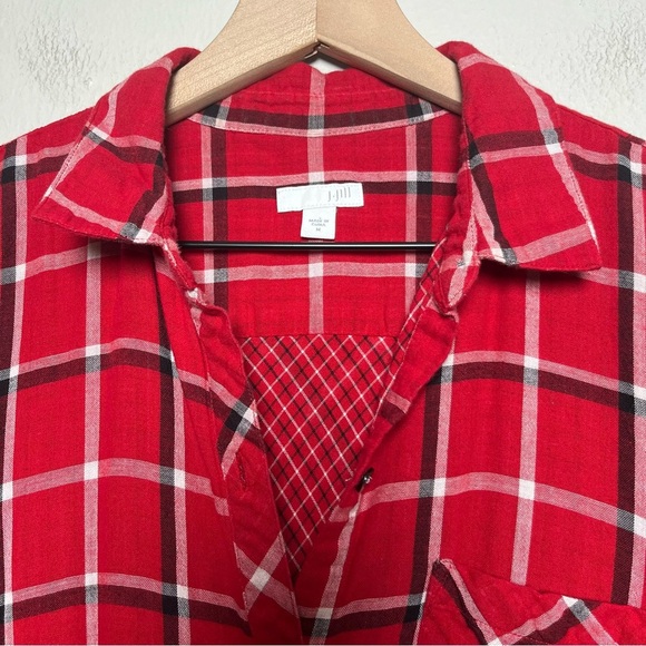 J. Jill Women Button Downn Tunic Top Medium Red Plaid Holiday Pockets - Picture 3 of 10